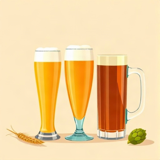 Drei traditionelle Lagerbier-Gläser: schlanke Pilstulpe, Willibecher mit Helles und robuster Bierkrug mit Export.