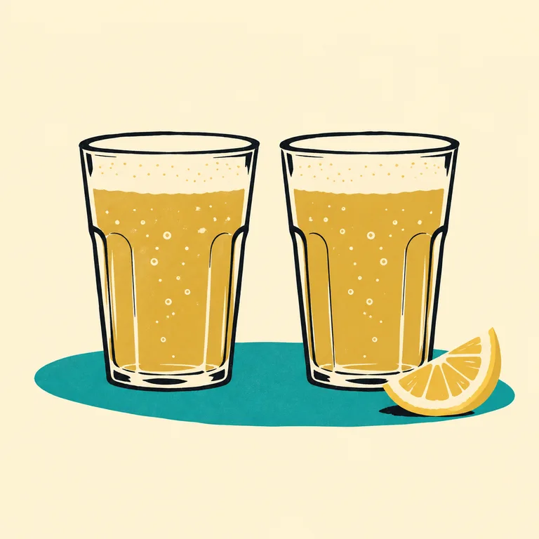 Zwei gleich gefüllte Biermischgetränke mit einer Zitronenspalte als flächige Illustration.